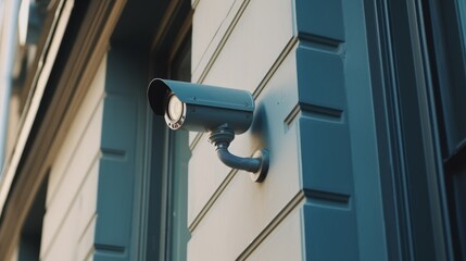 Close-up surveillance camera on house facade for securing property and monitoring premises