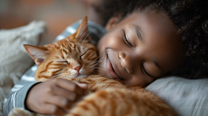 A little black boy hugs his cat in a peaceful and loving scene, celebrating the bond between an animal and its owner on National Love Your Pet Day.