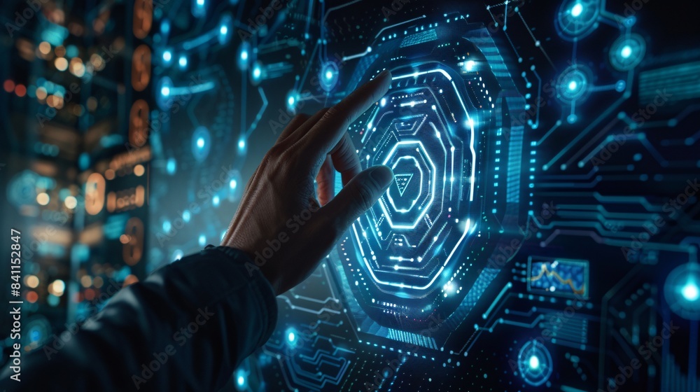 Poster cybersecurity and data protection on the internet, with a person touching a virtual shield for secur