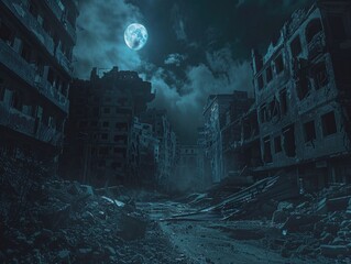 Obraz premium City at night with full moon