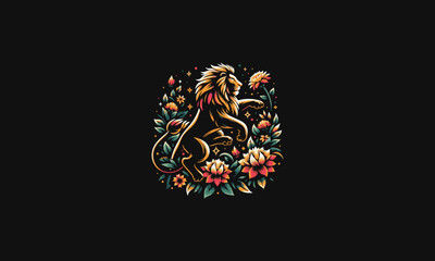 Fototapeta premium logo design of lion jump on top flowers vector flat design