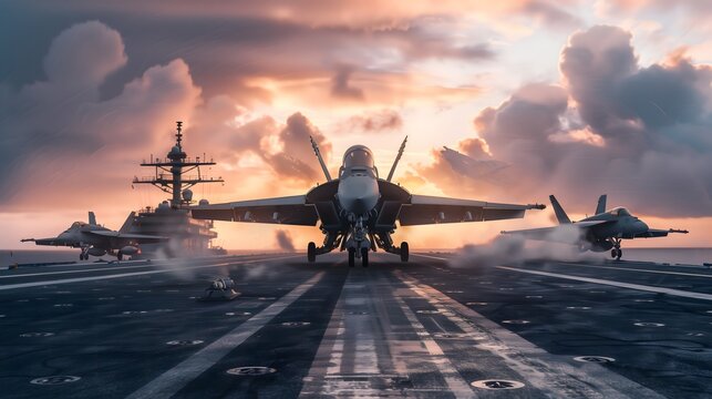 A jet is on the runway with other jets in the background. The sky is cloudy and the sun is setting