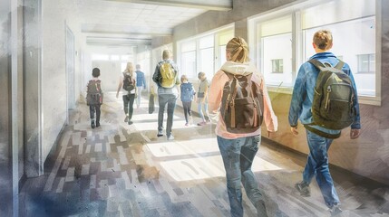 Teacher and students walking in the corridor at school. Generative Ai