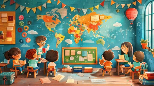 A detailed 2D illustration of a vibrant classroom on literacy day, featuring students from different countries engaged in reading activities. The teacher is actively guiding them, surrounded by - Powered by Adobe