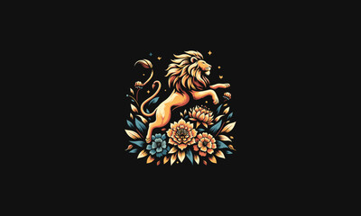 logo design of lion jump on top flowers vector flat design