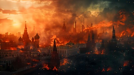 A city is on fire with smoke and flames. The sky is orange and the buildings are in ruins