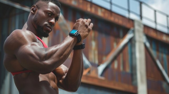 A muscular man wearing a smartwatch and looking at the time while standing in front of an industrial building.