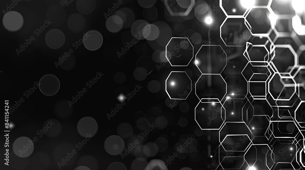 Poster a black and white image of a pattern of hexagons. the image is abstract and has a futuristic feel to
