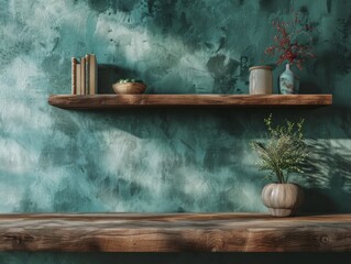 Minimalist wooden shelves against a textured teal wall, adorned with books, plants, and decorative items, offering a cozy, stylish interior scene.