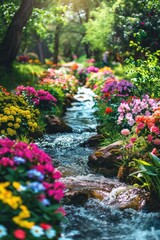 Naklejka premium Stream Running Through Lush Green Forest