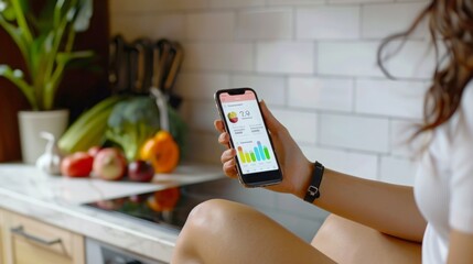 A woman sits in her modern kitchen, checking her fitness app on her smartphone. She is surrounded by fresh fruits and vegetables, hinting at a healthy lifestyle.