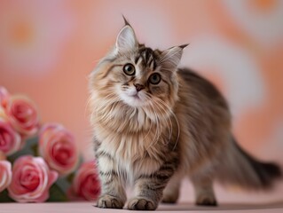 A cute Persian kitten standing on a clean pastel rose background