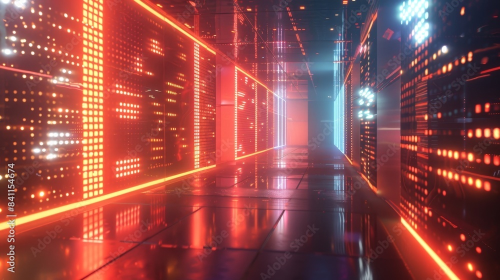 Aufkleber flickering screens in a dimly lit room each one representing a different node on the energy grid.