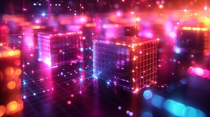 Obraz premium An abstract digital rendering of neon geometric shapes against a digital grid background.