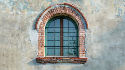 Obraz premium Facade of the wall with a window featuring an arched design and brick surround