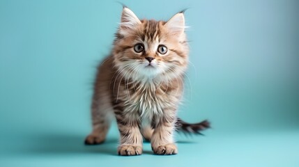 Fototapeta premium Cute Persian Kitten Standing on Pastel Blue Background
