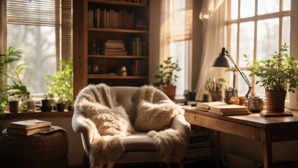Fototapeta premium Home Office Harmony A Cozy Reading Nook Basks in Natural Light.