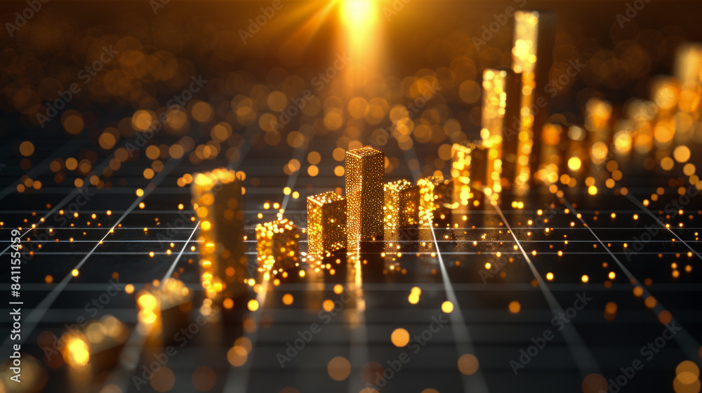 Poster a city skyline is lit up with golden bars and dots. the bars are stacked on top of each other, creat