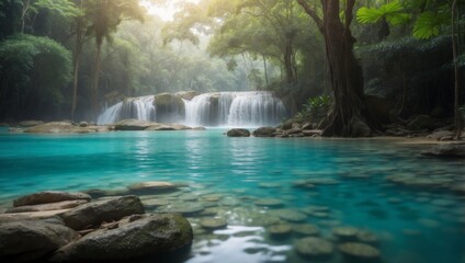 Fototapeta premium Rejuvenating Escape to Erawan Waterfalls A D rendered Oasis of Crystal Clear Waters and Lush Foliage.