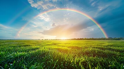 Naklejka premium Double rainbow over lush green field at sunset