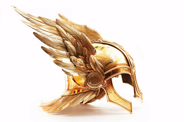 Golden Norse mythology Valkyrie helmet on white bakcground
