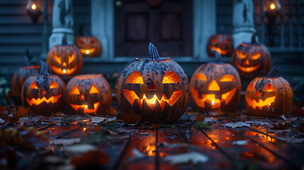 Fototapeta premium A series of spooky, illuminated jack-o'-lanterns on a porch.