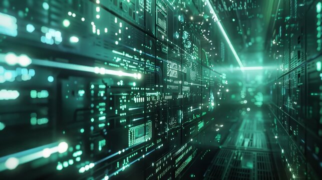 A data center where AI has designed a sophisticated network of paths to ensure smooth and efficient processing of data.