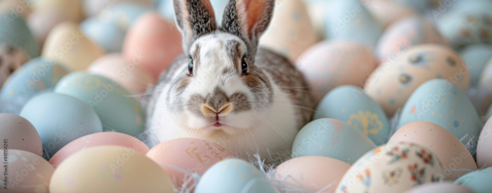 Poster a rabbit is sitting in a pile of easter eggs. the eggs are of different colors and sizes, and the ra