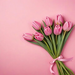Fototapeta premium Bouquet of pink tulips on pink background. Mothers day, Valentines Day, Birthday celebration concept. Greeting card. Copy space for text, top view