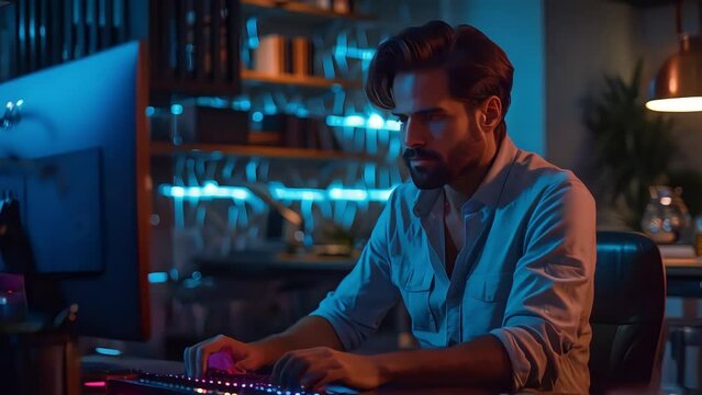 a man is doing business using a computer with a room background