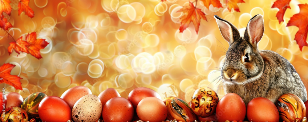 Aufkleber a rabbit is sitting on a pile of eggs with autumn leaves in the background. the scene is warm and in