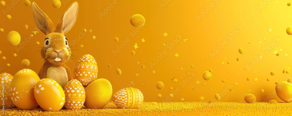 Aufkleber a rabbit is standing in front of a pile of eggs. the rabbit is looking at the camera, and the eggs a