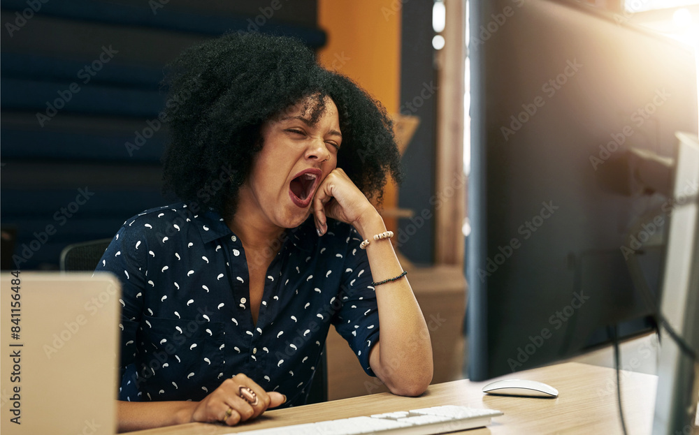 Poster burnout, computer and tired with designer woman at desk in office for fatigue or project deadline. n