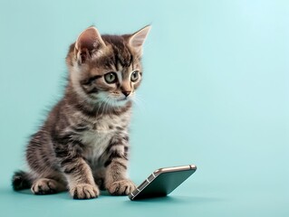 Adorable Kitten American Shorthair Posing with Smartphone on Pastel Blue Background