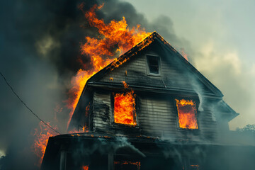 House on fire, flames coming out of windows, lots smoke