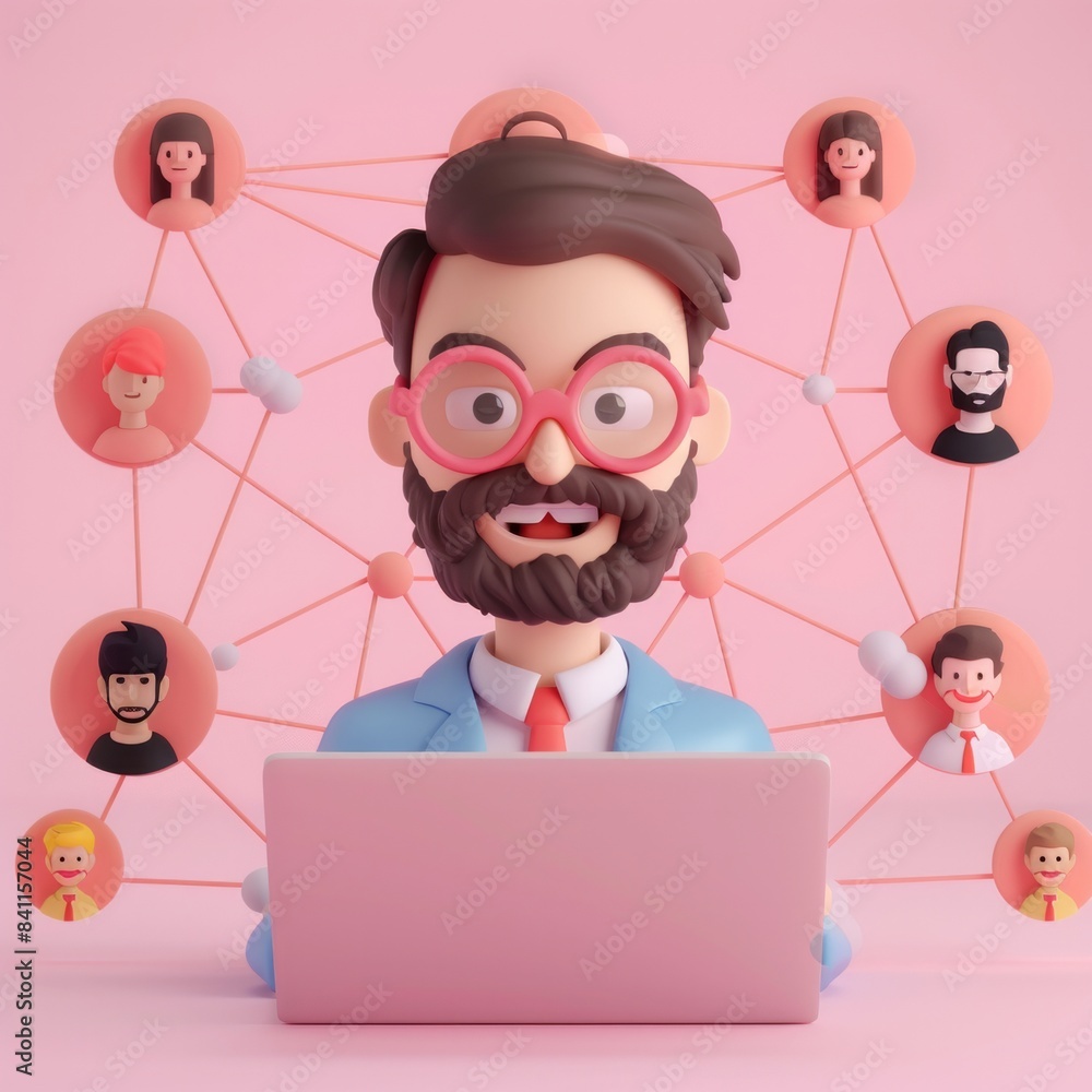 Poster 3d cartoon businessman in an online networking event networking with other business professionals in
