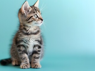 Obraz premium Adorable American Shorthair Kitten Sitting on Pastel Blue Background in Close up Portrait