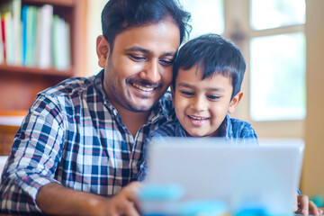 Fototapeta premium Indian father and young son enjoying bonding time over a laptop at home, engaging in fun and leisure activities.