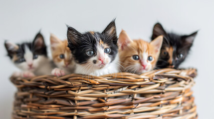 Several kittens are in a wicker basket, kittens with colorful fur such as white, black and orange, pure white background, Ai generated images