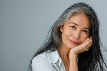 Fototapeta premium Japanese adult woman with smooth healthy face skin. Beautiful aging mature asian woman with long gray hair and happy smiling touch face. Beauty and cosmetics skincare advertising concept.
