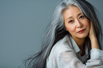 Fototapeta premium Japanese adult woman with smooth healthy face skin. Beautiful aging mature asian woman with long gray hair and happy smiling touch face. Beauty and cosmetics skincare advertising concept.