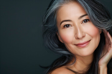 Obraz premium Japanese adult woman with smooth healthy face skin. Beautiful aging mature asian woman with long gray hair and happy smiling touch face. Beauty and cosmetics skincare advertising concept.