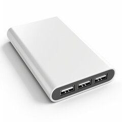 Fototapeta premium A white portable power bank with three USB ports sits on a white background