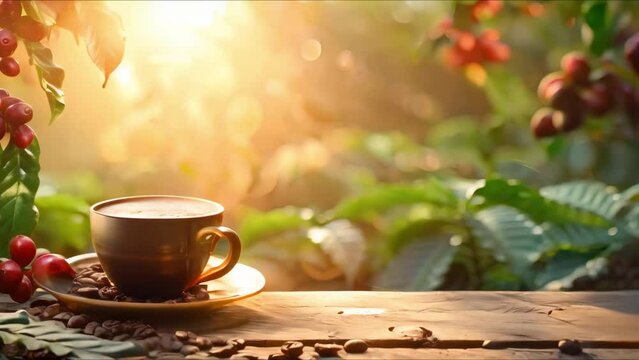 Organic coffee cup on wooden table with plantation in the background. Concept Coffee Culture, Nature Inspired, Sustainability, Rustic Aesthetic, Farm to Table