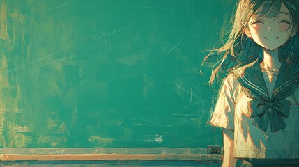 Obraz premium 無地の黒板と女子学生3