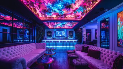An upscale nightclub setting with a white velvet sofa, ambient pink and blue lights, and an intricately designed ceiling with modern art
