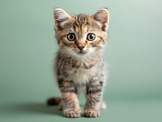 Cute Scottish Fold Kitten Standing on Pastel Green Background