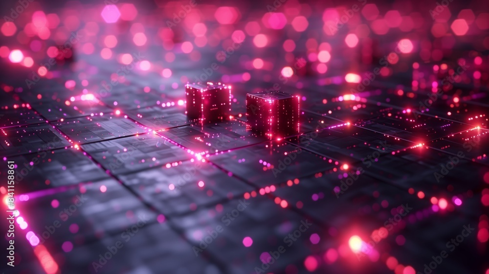 Poster a digital illustration depicting a futuristic grid pattern with glowing pink lines and two illuminat