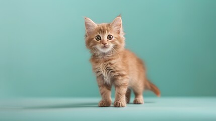 Cute Kitten American Curl Standing on Pastel Mint Background