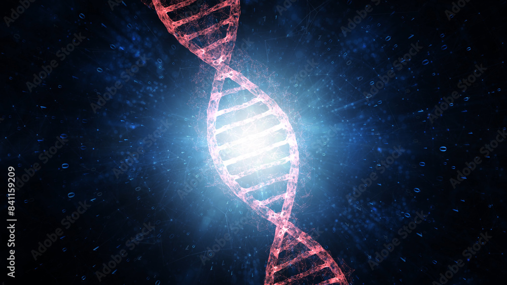 Sticker red shiny dna molecule over digital computer cyberspace illustration network.